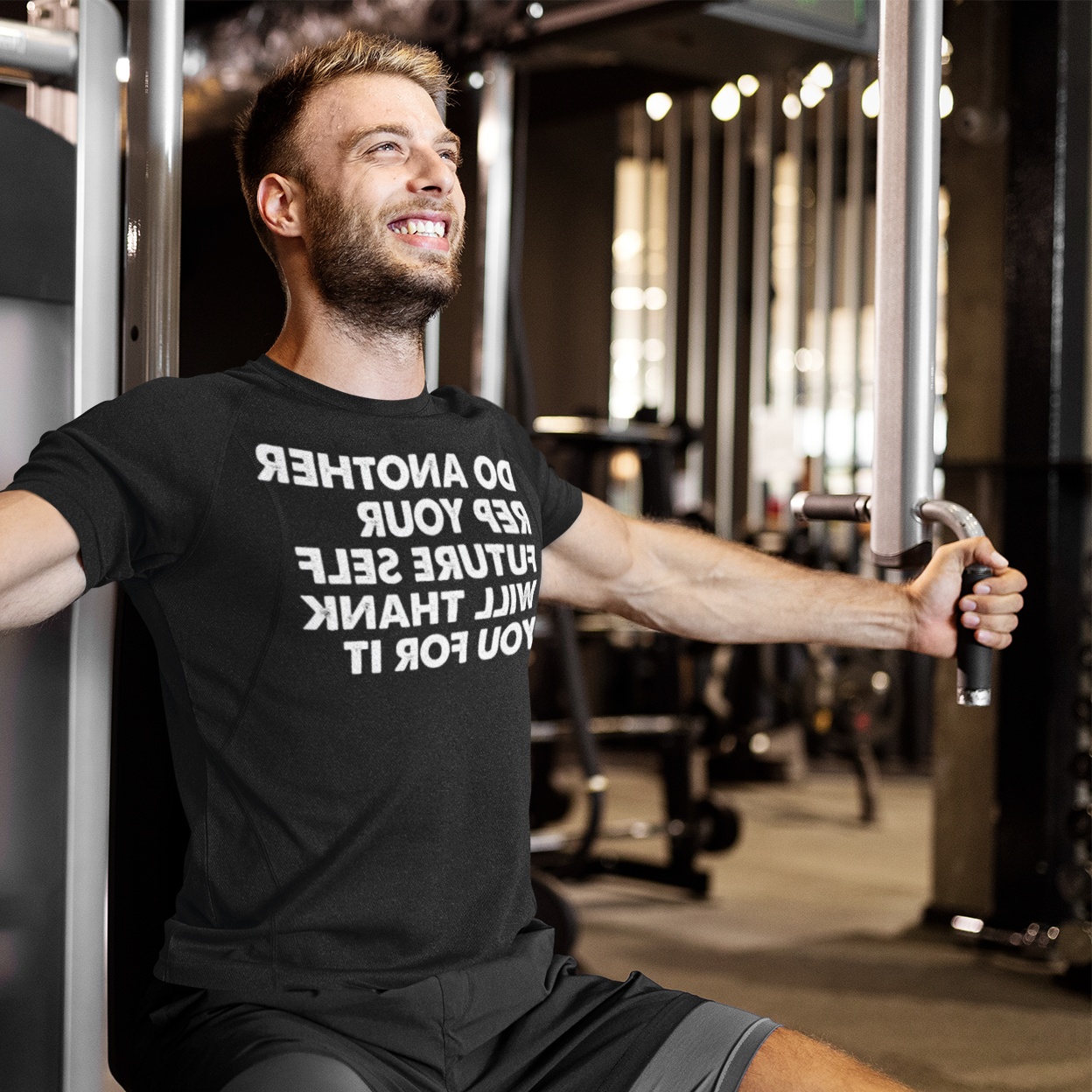 Man training his chest at a gym - Do another rep your future self will thank you for it.